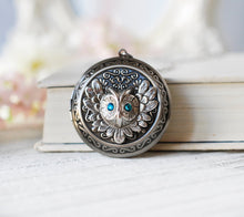 Load image into Gallery viewer, Owl Locket Necklace with December Birthstone Blue Zircon, Personalized Silver Photo Picture Locket, December Birthday Gift for Girls Women
