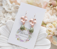 Load image into Gallery viewer, Olive Green Pearl Rose Gold Orchid Flower Dangle Earrings, Rose Gold Green Wedding Jewelry, Teardrop Green Pearl Earrings, Gift for Her
