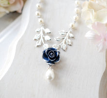 Load image into Gallery viewer, Dark Blue Navy Rose Flower Silver Leaf Branch Cream White Pearl Necklace, Navy Blue Bridal Necklace, Something Blue Wedding Bridesmaid Gift
