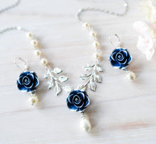 Load image into Gallery viewer, Dark Blue Navy Rose Flower Silver Leaf Branch Cream White Pearl Necklace, Navy Blue Bridal Necklace, Something Blue Wedding Bridesmaid Gift
