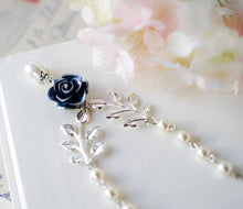 Load image into Gallery viewer, Dark Blue Navy Rose Flower Silver Leaf Branch Cream White Pearl Necklace, Navy Blue Bridal Necklace, Something Blue Wedding Bridesmaid Gift
