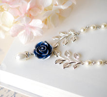 Load image into Gallery viewer, Dark Blue Navy Rose Flower Silver Leaf Branch Cream White Pearl Necklace, Navy Blue Bridal Necklace, Something Blue Wedding Bridesmaid Gift
