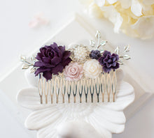 画像をギャラリービューアに読み込む, Purple Wedding Silver Bridal Hair Comb, Eggplant Purple Lilac White Flower Hair Comb, Leaf Branch Pearl rhinestones, Vintage French Country
