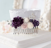 画像をギャラリービューアに読み込む, Purple Wedding Silver Bridal Hair Comb, Eggplant Purple Lilac White Flower Hair Comb, Leaf Branch Pearl rhinestones, Vintage French Country
