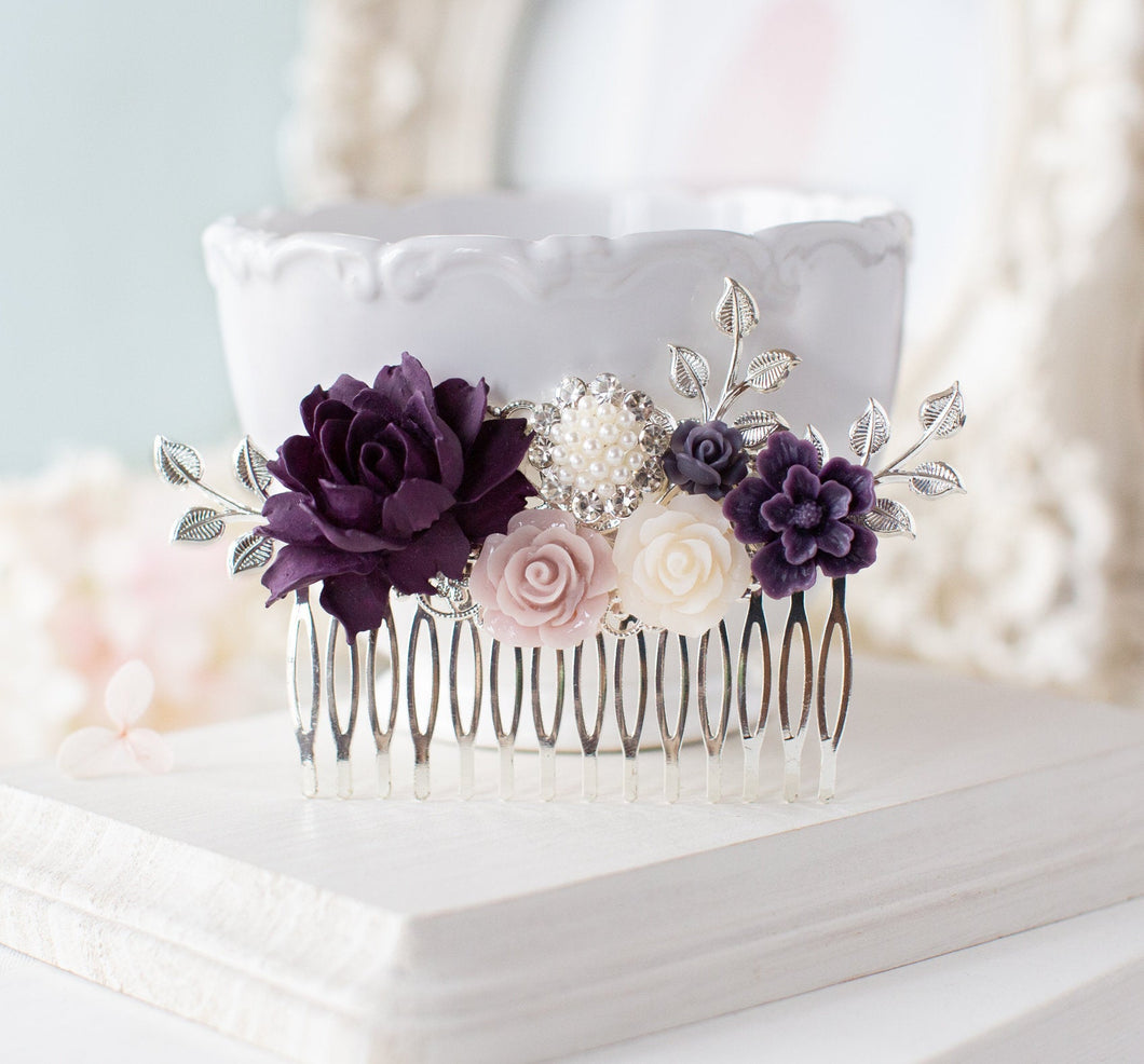 Purple Wedding Silver Bridal Hair Comb, Eggplant Purple Lilac White Flower Hair Comb, Leaf Branch Pearl rhinestones, Vintage French Country