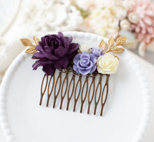 画像をギャラリービューアに読み込む, Purple Ivory Flower Hair Comb, Gold Leaf Eggplant Purple Collage Hair Comb, Purple Wedding Bridal Hair Comb, Bridesmaid Gift, Rustic Vintage
