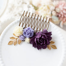 画像をギャラリービューアに読み込む, Purple Ivory Flower Hair Comb, Gold Leaf Eggplant Purple Collage Hair Comb, Purple Wedding Bridal Hair Comb, Bridesmaid Gift, Rustic Vintage
