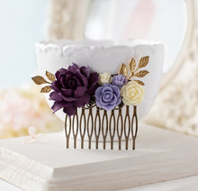 画像をギャラリービューアに読み込む, Purple Ivory Flower Hair Comb, Gold Leaf Eggplant Purple Collage Hair Comb, Purple Wedding Bridal Hair Comb, Bridesmaid Gift, Rustic Vintage
