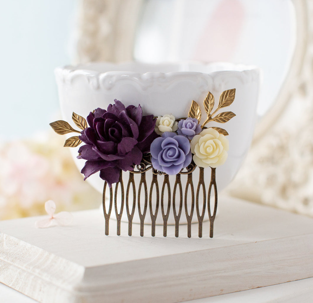 Purple Ivory Flower Hair Comb, Gold Leaf Eggplant Purple Collage Hair Comb, Purple Wedding Bridal Hair Comb, Bridesmaid Gift, Rustic Vintage