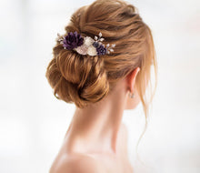 画像をギャラリービューアに読み込む, Purple Wedding Silver Bridal Hair Comb, Eggplant Purple Lilac White Flower Hair Comb, Leaf Branch Pearl rhinestones, Vintage French Country
