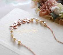 Load image into Gallery viewer, Rose Gold Orchid Flowers Swarovski Cream White Pearls Necklace, Rose Gold Wedding Jewelry, Bridal Jewelry, Bridesmaid Gift, Gift for Her
