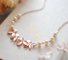 Load image into Gallery viewer, Rose Gold Orchid Flowers Swarovski Cream White Pearls Necklace, Rose Gold Wedding Jewelry, Bridal Jewelry, Bridesmaid Gift, Gift for Her
