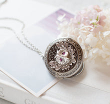 Load image into Gallery viewer, Silver Owl Locket Necklace, Owl Jewelry, February Birthstone Amethyst Purple Necklace, Personalized Photo Locket, February Birthday Gift
