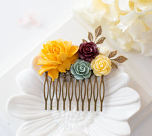 Load image into Gallery viewer, Sunflower Yellow Dusty Blue Burgundy Maroon Ivory Floral Collage Hair Comb, Antiqued Gold Brass Leaf Branch Hair Comb, Romantic Vintage
