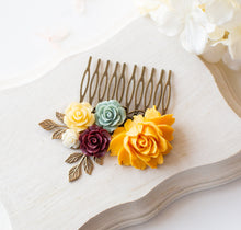 Load image into Gallery viewer, Sunflower Yellow Dusty Blue Burgundy Maroon Ivory Floral Collage Hair Comb, Antiqued Gold Brass Leaf Branch Hair Comb, Romantic Vintage
