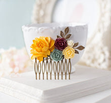 Load image into Gallery viewer, Sunflower Yellow Dusty Blue Burgundy Maroon Ivory Floral Collage Hair Comb, Antiqued Gold Brass Leaf Branch Hair Comb, Romantic Vintage
