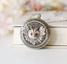 Load image into Gallery viewer, Silver Owl Locket Necklace, Owl Jewelry, February Birthstone Amethyst Purple Necklace, Personalized Photo Locket, February Birthday Gift
