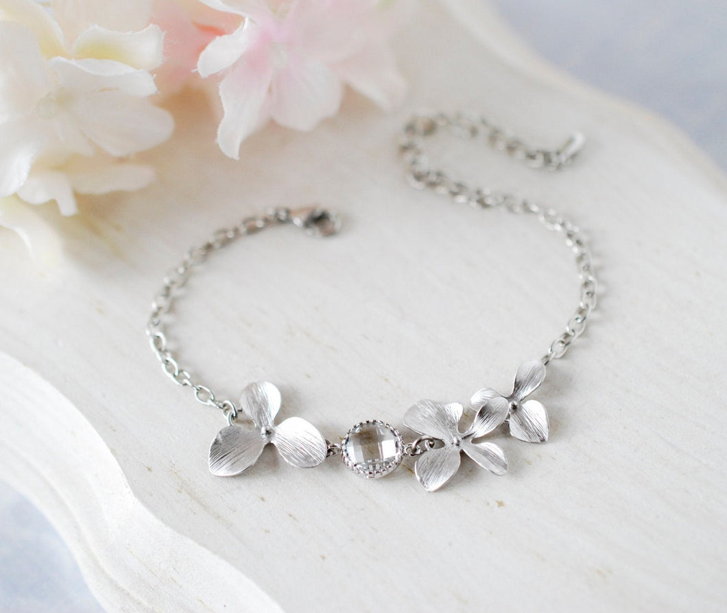 Silver Orchid Flower Clear Crystal Bridal Bracelet, Adjustable, Silver Wedding Jewelry, Bridesmaid Gift, Flower Girl Maid of Honor Gift