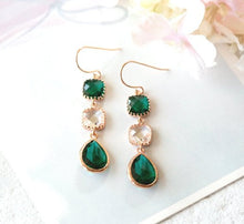 Load image into Gallery viewer, Rose Gold Plated Emerald Green Earrings, Green and Clear Crystal Earrings, Rose Gold Jewelry, Emerald Wedding Bridesmaid Gift, Gift for Her
