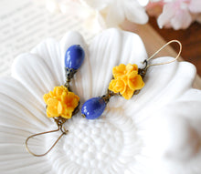 Load image into Gallery viewer, Yellow and Blue Earrings, Lapis Blue Teardrop Pearl Yellow Flower Dangle Earrings, Yellow Blue Wedding Bridesmaid Gift, Gift for women girls
