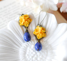 Load image into Gallery viewer, Yellow and Blue Earrings, Lapis Blue Teardrop Pearl Yellow Flower Dangle Earrings, Yellow Blue Wedding Bridesmaid Gift, Gift for women girls
