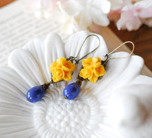 Load image into Gallery viewer, Yellow and Blue Earrings, Lapis Blue Teardrop Pearl Yellow Flower Dangle Earrings, Yellow Blue Wedding Bridesmaid Gift, Gift for women girls
