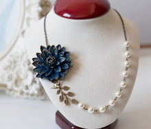 画像をギャラリービューアに読み込む, Navy Blue Flower Necklace, Cream White Pearls Antiqued Gold Bird and Leaf Statement Necklace, Navy Blue Wedding Jewelry, Gift for Mom Wife
