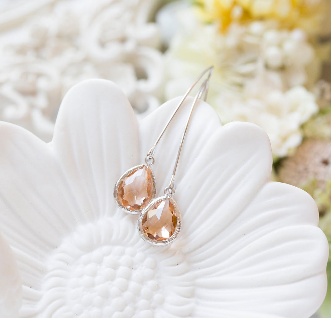 Silver Plated Peach Earrings, Champagne Earrings, Long Dangle, Peach Wedding Bridesmaid Gift, Anniversary Birthday gift for wife Daughter