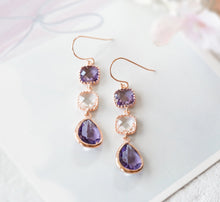 Load image into Gallery viewer, Rose Gold Plated Amethyst Purple Clear Crystal Dangle Earrings, Purple Wedding Jewelry, Bridal Earrings, Bridesmaid Gift, Rose Gold Earrings
