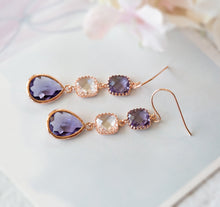 Load image into Gallery viewer, Rose Gold Plated Amethyst Purple Clear Crystal Dangle Earrings, Purple Wedding Jewelry, Bridal Earrings, Bridesmaid Gift, Rose Gold Earrings
