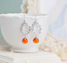 Load image into Gallery viewer, Orange Earrings, Tangerine Earrings, Silver Leaf Laurel Wreath Earrings, Orange Wedding Jewelry, Bridesmaid Earrings, Gift for women
