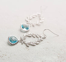 Load image into Gallery viewer, Silver Olive Leaf Branch Wreath Aquamarine blue Crystal Earrings
