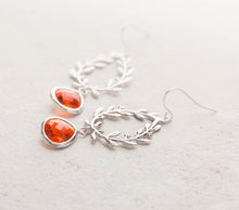 Load image into Gallery viewer, Orange Earrings, Tangerine Earrings, Silver Leaf Laurel Wreath Earrings, Orange Wedding Jewelry, Bridesmaid Earrings, Gift for women
