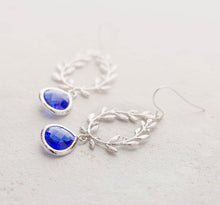 Load image into Gallery viewer, Sapphire Blue Earrings, Silver Laurel Wreath Earrings, September Birthstone, Sapphire Jewelry, Bridesmaid Gift, Something Blue Wedding
