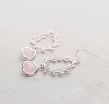 Load image into Gallery viewer, Blush Pink Crystal Silver Laurel Wreath Earrings, Blush Pink Wedding Bridesmaid Earrings
