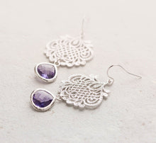 Load image into Gallery viewer, Purple Earrings, Silver Ornate Filigree Earrings, February Birthstone Amethyst Earrings, Purple Wedding Bridesmaid Gift, Gift for wife mom
