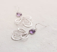 Load image into Gallery viewer, Purple Earrings, Amethyst Purple Glass Silver Fan Shape Filigree Earrings, Purple Wedding Jewelry, Bridesmaid Gift, February Birthstone
