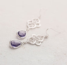 Load image into Gallery viewer, Silver Celtic Knot Earrings with Purple Crystals
