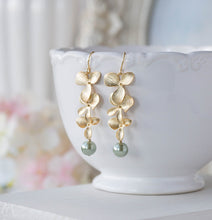 Load image into Gallery viewer, Sage Green Pearl Earrings, Gold Cascading Orchid Flower long Dangle Earrings, Wedding Jewelry, Bridal Earrings, Gift for wife mom her
