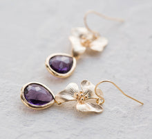 Load image into Gallery viewer, Purple Earrings, Amethyst Purple Glass Jewel Gold Flower Blossoms, Purple Wedding Bridesmaid Earrings, Gift for Women, February Birthstone
