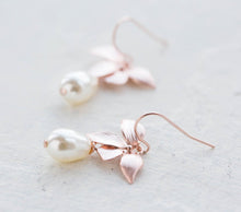 Load image into Gallery viewer, Rose Gold Bridal Earrings, Orchid Flower Cream White Teardrop Pearl Earrings, Rose Gold Wedding Jewelry, Bridesmaid Gift, Maid of Honor Gift
