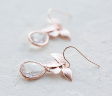 Load image into Gallery viewer, Rose Gold Clear Crystal Earrings, Rose Gold Orchid Flower Earrings, Wedding Jewelry, Bridesmaid Earrings, Bridesmaid Gift, April Birthstone
