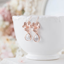 Load image into Gallery viewer, Clear Crystal Earrings, Rose Gold Earrings, Orchid Flower Floral Dangles, Wedding Bridal Jewelry, Bridesmaid Earrings, Maid of Honor Gift
