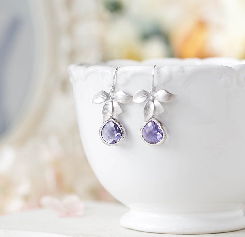 Purple Earrings, Silver Orchid Flower Earrings, Violet Lavender, Purple Wedding Bridesmaid Earrings, February birthstone Amethyst