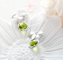 Load image into Gallery viewer, Peridot Green Earrings in Silver, August Birthstone Jewelry, Birthday gift for Her, Green dangle earrings, Green wedding bridesmaid gift
