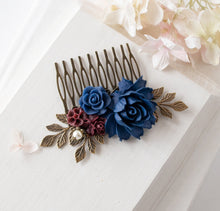 Load image into Gallery viewer, Navy Blue Burgundy Wedding Hair Accessory, Bridal Hair Comb, Antiqued gold Leaf Pearl Rose Flower Hair Comb, Bridesmaid Gift, Gift for her
