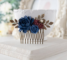 Load image into Gallery viewer, Navy Blue Burgundy Wedding Hair Accessory, Bridal Hair Comb, Antiqued gold Leaf Pearl Rose Flower Hair Comb, Bridesmaid Gift, Gift for her
