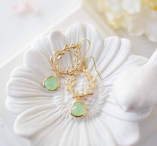 Load image into Gallery viewer, Mint Green Earrings, Gold Leaf Wreath Dangle Earrings, Laurel Wreath, Mint Wedding Bridesmaid Earrings, Anniversary Birthday Gift for Her
