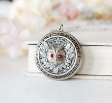 Load image into Gallery viewer, Silver Owl Locket Necklace with January Birthstone Garnet, January Birthday Gift for Her, Victorian Locket, Personalized Photo Locket
