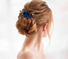 Load image into Gallery viewer, Navy Blue Burgundy Wedding Hair Accessory, Bridal Hair Comb, Antiqued gold Leaf Pearl Rose Flower Hair Comb, Bridesmaid Gift, Gift for her
